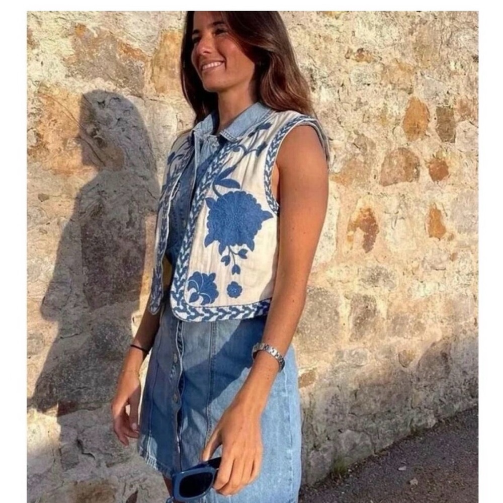 Amazon Floral Embroidered Vest with Blue Accents